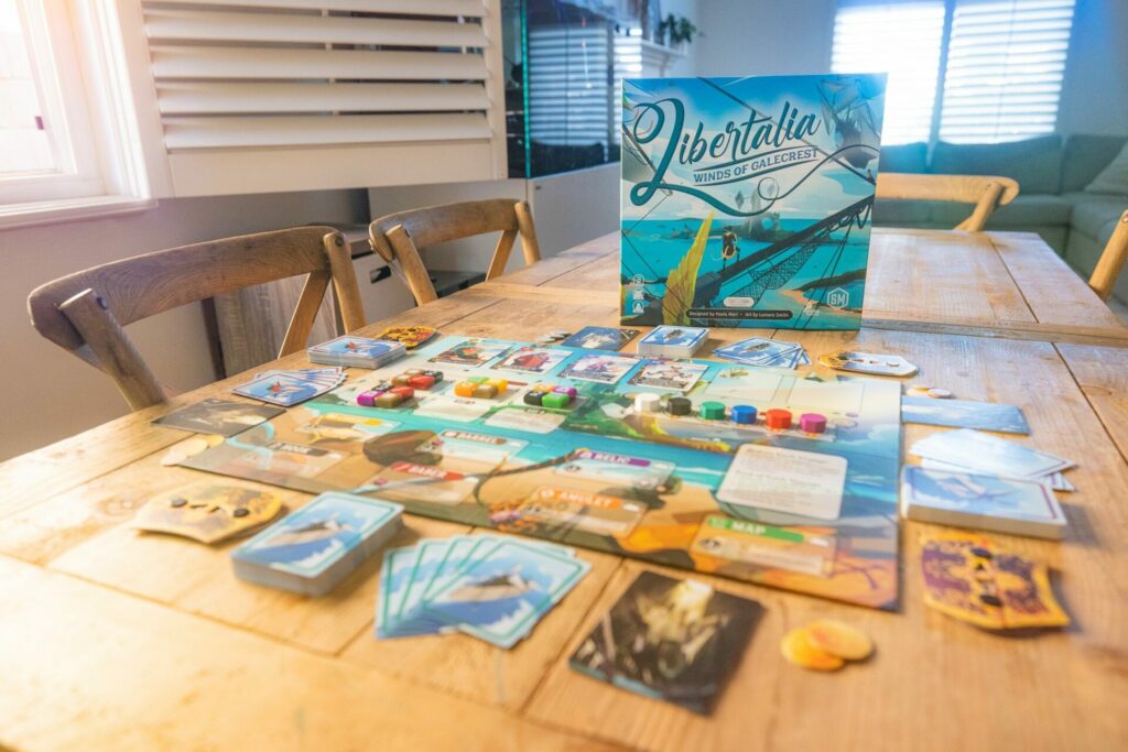 a view of the game and the box, set-up on a table