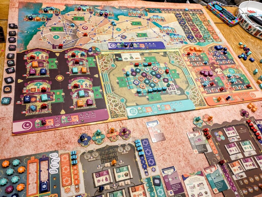 an overhead view of the board at the end of a solo game of sankore